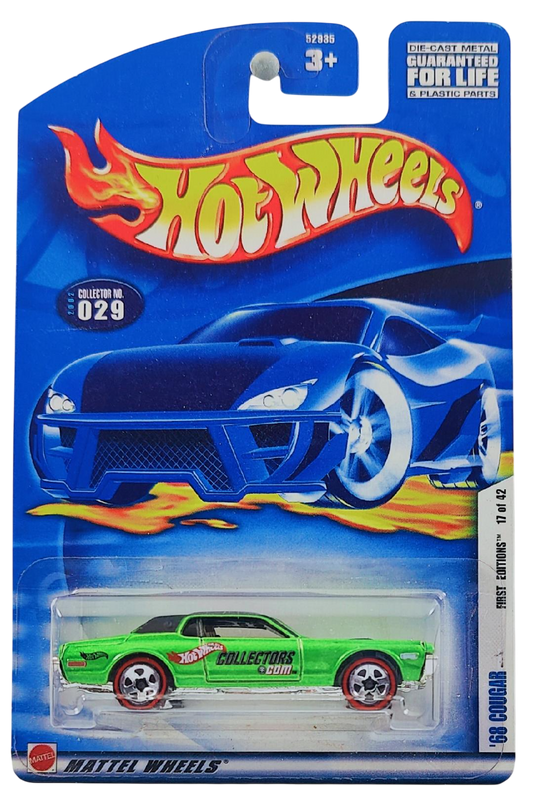 Hot Wheels 2002 - Collector # 029/240 - First Editions 17/42 - 'Apology Version' - '68 Cougar - Metalflake Green / Matte Black Roof / HotWheelsCollectors.com - 5 Spokes on Redlines - USA Card - Limited to 5,040