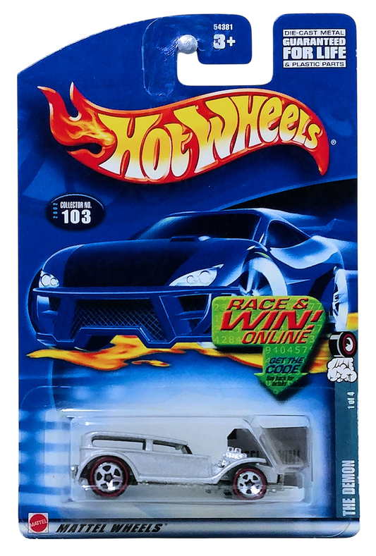 Hot Wheels 2002 - Collector # 103/240 - Redlines Series 1/4 - The Demon (Prowler) - Silver / 'Redlines' on Roof / Black Roof & Hood with Pinstripes - White Interior - Smoke Tint Windshield Only - 5 Spoke on Redline Tires - Malaysia - USA Race & Win Card