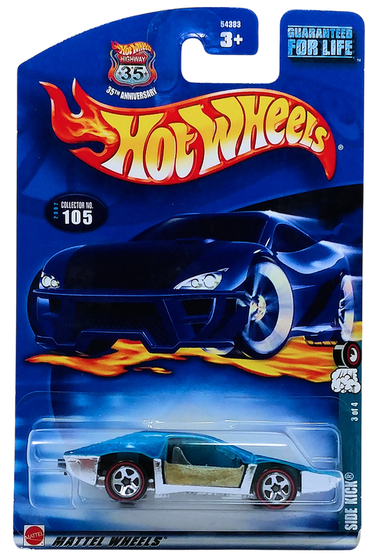 Hot Wheels 2002 - Collector # 105/240 - Red Lines Series 3/4 - Side Kick - Metalflake Blue - Chrome Plastic Base 5 Spokes with Redlines - USA '35th Anniversary' Card