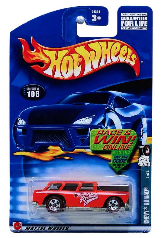 Hot Wheels 2002 - Collector # 106/240 - Redlines Series 4/4 - Chevy Nomad - Orange / 'Redlines' on Door / White Stripes on Hood - Black Interior - Smoke Tint Windows - 5 Spoke Wheels on Redline Tires - Malaysia - USA Race & Win Card