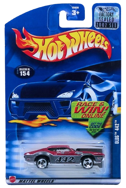 Hot Wheels 2002 - Collector # 154/240 - Olds 442 - Metallic Maroon - USA Race & Win Card with Factory Set Sticker