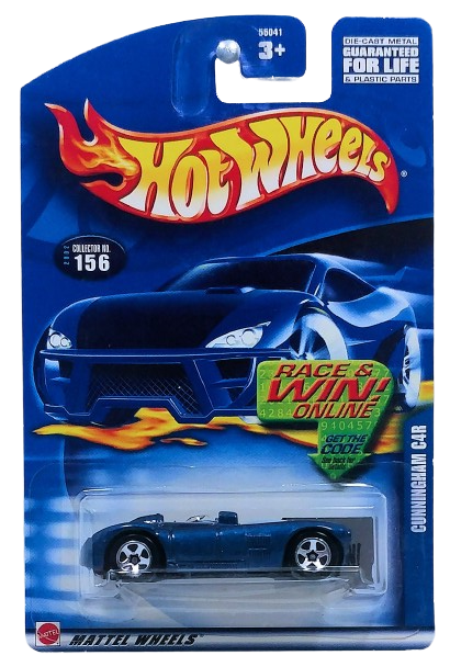 Hot Wheels 2002 - Collector # 156/240 - Cunningham C4R - Metallic Blue - Malaysia - USA 'Race & Win' Card