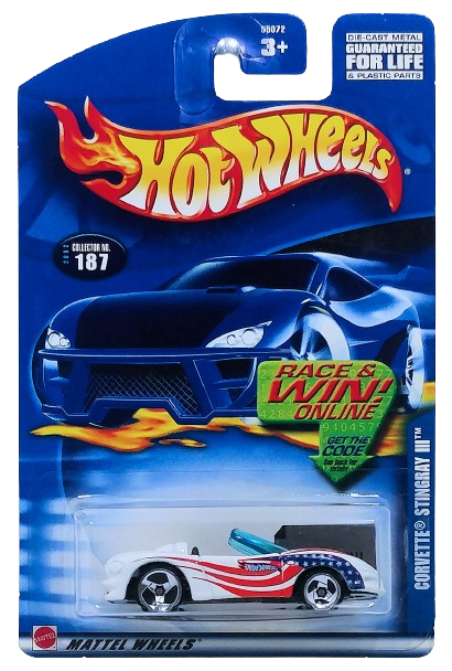 Hot Wheels 2002 - Collector # 187/240 - Corvette Stingray III - White / Stars & Stripes Graphic - 3 Spokes - USA 'Race & Win' Card