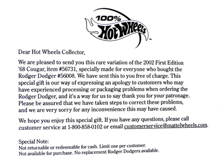 Hot Wheels 2002 - Collector # 029/240 - First Editions 17/42 - 'Apology Version' - '68 Cougar - Metalflake Green / Matte Black Roof / HotWheelsCollectors.com - 5 Spokes on Redlines - USA Card - Limited to 5,040