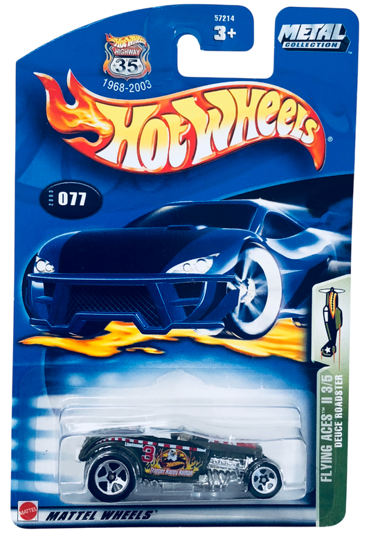 Hot Wheels 2003 - Collector # 077/220 - Flying Aces II 3/5 - Deuce Roadster - Matte OD Green / 'Trigger Happy Nathan' - 5 Spoke Wheels - USA '1968-2003' Card