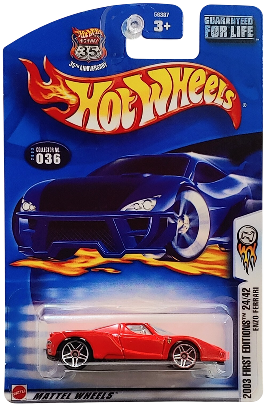 Hot Wheels 2003 - Collector # 036/220 - First Editions 24/42 - Enzo Ferrari - Red - PR5 Wheels - USA '35th Anniversary' Card