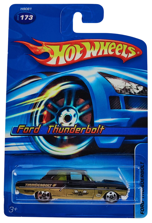 Hot Wheels 2005 - Collector # 173/183 - Ford Thunderbolt - Black over Gold / "Thunderbolt" with various Racing Decals - 5 Spoke Wheels - USA '06 Card