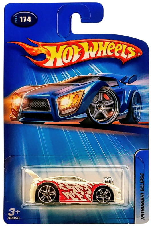 Hot Wheels 2005 - Collector # 174/183 - Mitsubishi Eclipse (Tooned) - White / Flames - PR5 Wheels - USA '05 Card