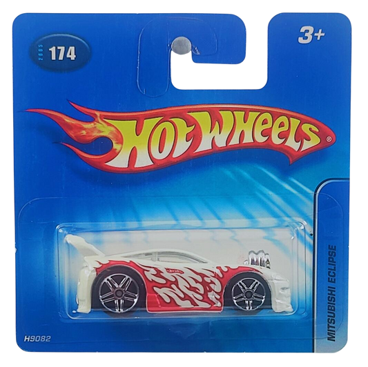 Hot Wheels 2005 - Collector # 174/183 - Mitsubishi Eclipse (Tooned) - White / Flames - PR5 Wheels - International Short '05 Card