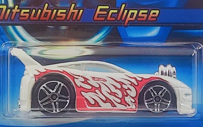 Hot Wheels 2005 - Collector # 174/183 - Mitsubishi Eclipse (Tooned) - White / Flames - PR5 Wheels - International Short '06 Card