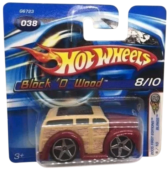 Hot Wheels 2005 - Collector # 038/183 - First Editions / Blings 8/10 - Block 'O Wood - Red & Tan Wood - Bling 5 Spokes - International Short Card