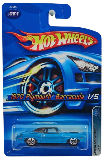 Hot Wheels 2006 - Collector # 061/223 - MOPAR Madness 1/5 - 1970 Plymouth Barracuda - Metalflake Blue / Black Roof - 5 Spoke Wheels - USA Card