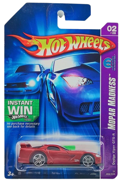 Hot Wheels 2006 - Collector # 062/223 - MOPAR Madness 2/5 - Dodge Viper GTS-R - Red / White Racing Stripes - PR5 Wheels - USA '07 Instant Win Card