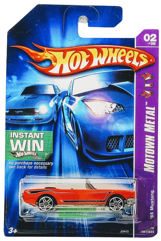 Hot Wheels 2006 - Collector # 087/219 - Motown Metal 2/5 - ‘65 Mustang (Convertible) - Red - KMart Exclusive - PR5 Wheels - Opening Hood - USA '07 Instant Win Card