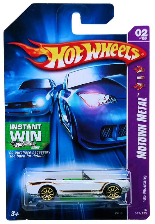 Hot Wheels 2006 - Collector # 087/219 - Motown Metal 2/5 - ‘65 Mustang (Convertible) - White - Gold 10 Spoke Wheels - Opening Hood - USA '07 Instant Win Card