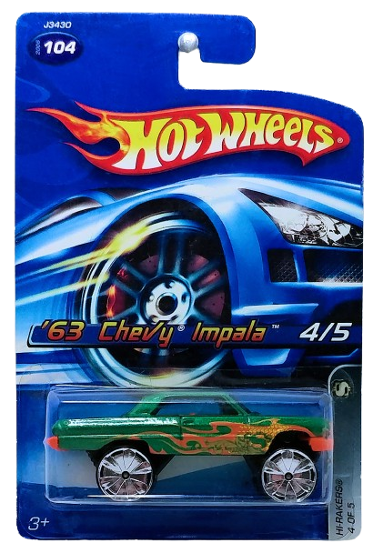 Hot Wheels 2006 - Collector # 104/223 - HiRakers Series 4/5 - '63 Chevy Impala - Green - Large Bling Wheels - USA '06 Card