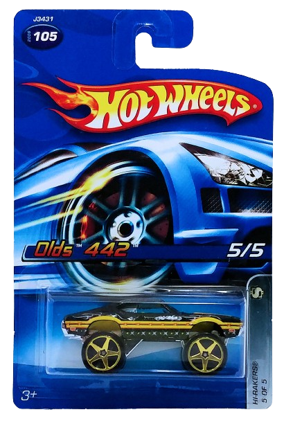 Hot Wheels 2006 - Collector # 105/223 - HiRakers Series 5/5 - Olds 442 - Black - Large Gold 5 Spokes - USA '06 Card