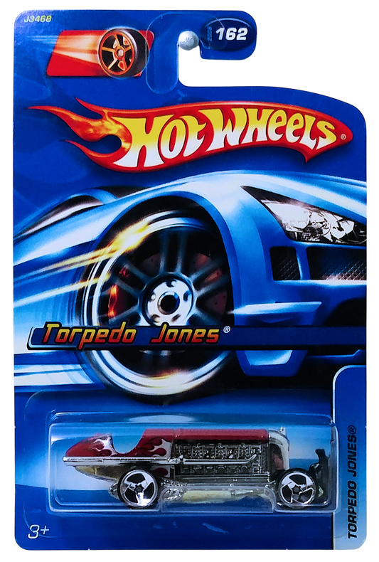 Hot Wheels 2006 - Collector # 162/223 - Torpedo Jones - Dark Red / Black & Silver Flames - 3 Spokes - International Long Card with FTE Logo