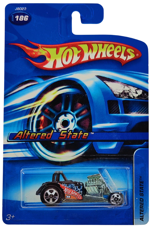 Hot Wheels 2006 - Collector # 186/223 - Altered State - Black / Flames - 5 Spokes - USA Card