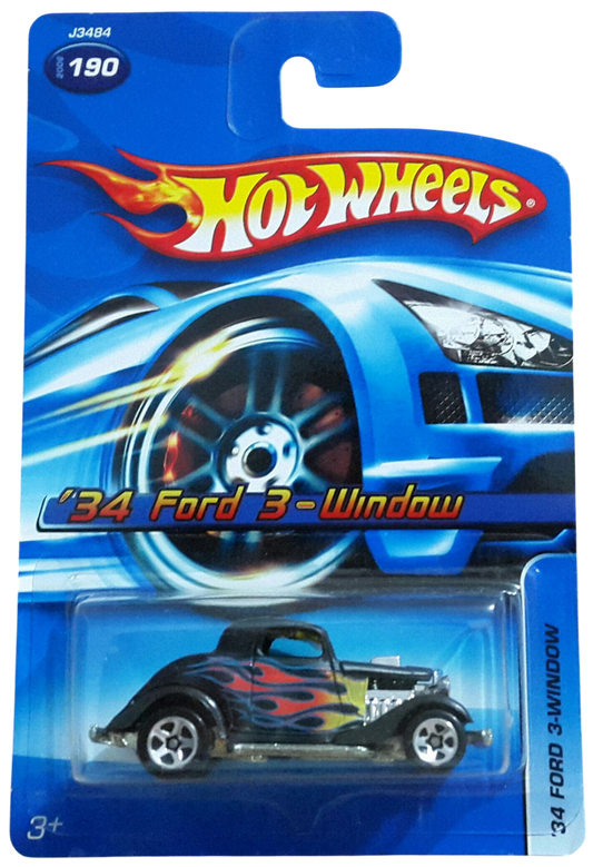 Hot Wheels 2006 - Collector # 190/223 - '34 Ford 3-Window - Black / Flames - 5 Spokes - USA Card