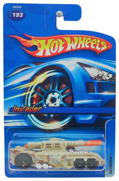 Hot Wheels 2006 - Collector # 193/223 - Invader (Tank) - Tan Camo - Rotating Turret / Missle Fires - USA Card - MPN J8026