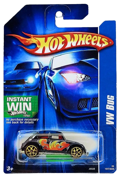 Hot Wheels 2006 - Collector # 197/223 - VW Bug - Black / Orange Red & Yellow Graphics - Gold Y5 Wheels - USA '07 Instant Win Card