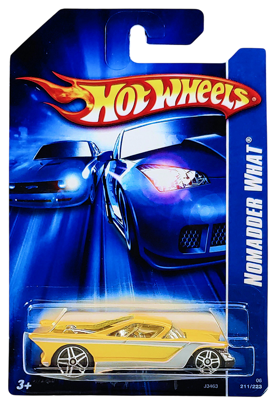 Hot Wheels 2006 - Collector # 211/223 - Nomadder What - Metalflake Yellow - PR5 Wheels - USA '07 Card - Good Downhill Racer!