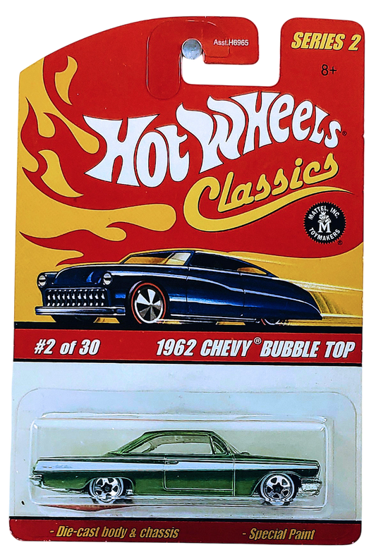 Hot Wheels 2006 - Classics Series 2 # 02/30 - 1962 Chevy Bubble Top - Spectraflame Olive Green / White Stripes - 5 Spokes with White Walls - Metal/Metal - Limited Edition