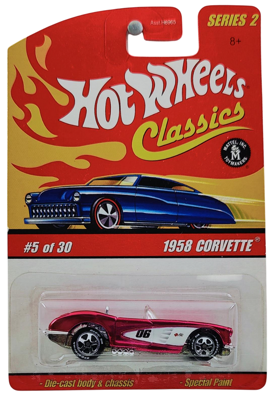Hot Wheels 2006 - Classics Series 2 # 05/30 - 1958 Corvette - Spectraflame Pink - White Lettered Goodyear Tires on 5 Spokes - Opening Hood - Metal/Metal - Limited Edition