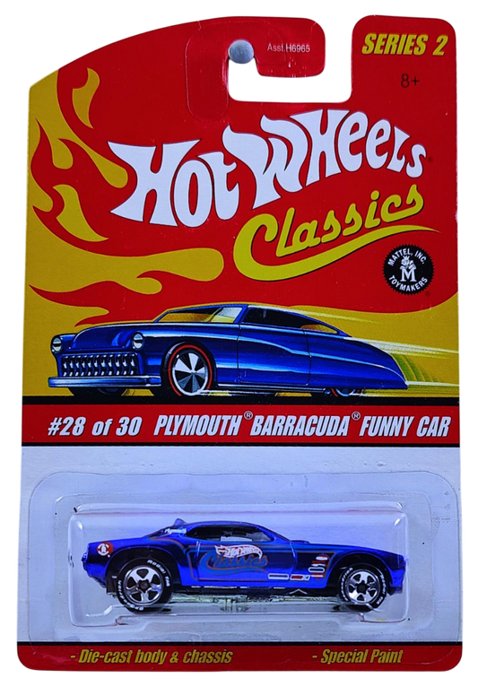 Hot Wheels 2006 - Classics Series 2 # 28/30 - Plymouth Barracuda Funny Car (Snake) - Spectraflame Blue - Metal/Metal - 5 Spokes on BF Goodrich Tires - Body Lifts Up
