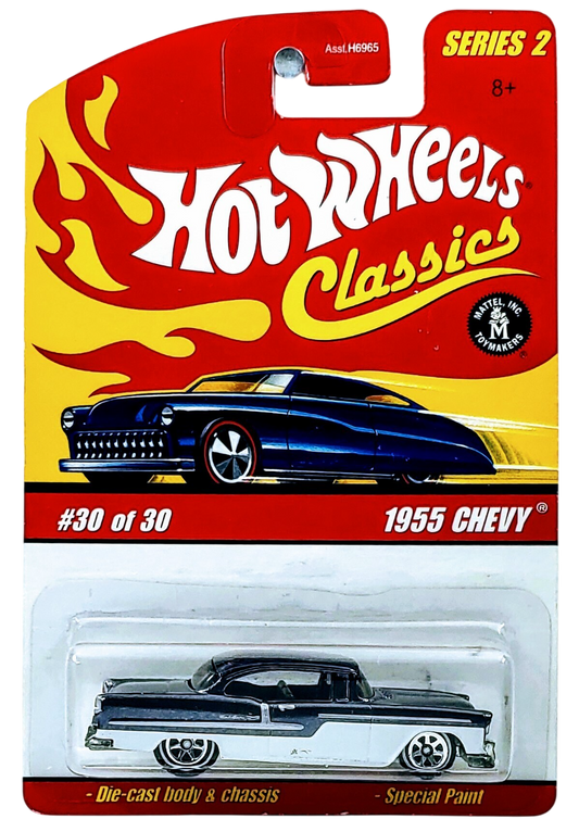 Hot Wheels 2006 - Classics Series 2 # 30/30 - 1955 Chevy - Spectraflame Black over White Enamel - 7 Spokes on White Walls - Metal/Metal - NEW Casting!