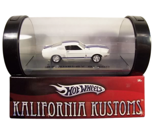 Hot Wheels 2006 - Kalifornia Kustoms - '67 Shelby GT500 - White with Blue Racing Stripes - Real Riders - Hood Opens - KMart Exclusive - Acrylic Tube Display Package