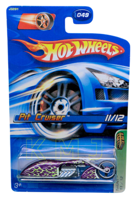 Hot Wheels 2006 - Collector # 049/223 - Treasure Hunts 11/12 - Pit Cruiser (Custom Motorcycle) - Metalflake Purple with Green Flames - International Card