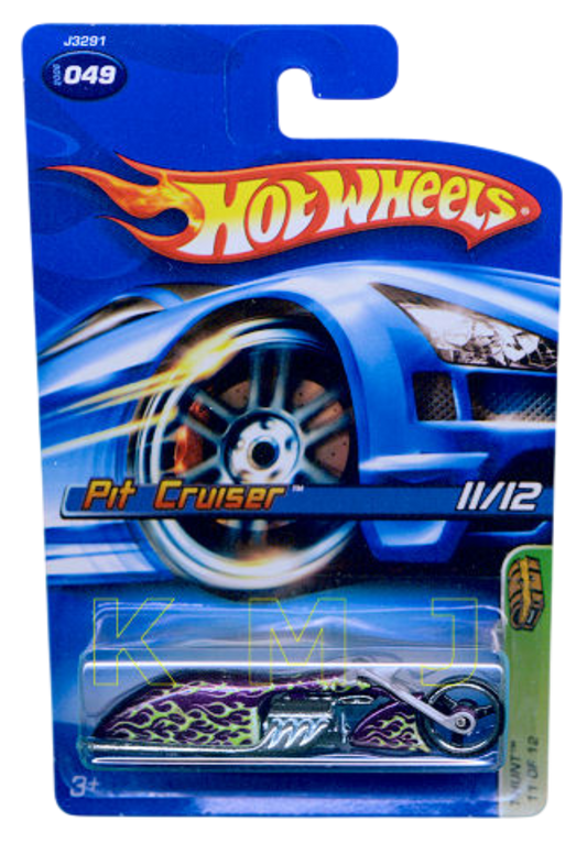 Hot Wheels 2006 - Collector # 049/223 - Treasure Hunts 11/12 - Pit Cruiser (Custom Motorcycle) - Metalflake Purple with Green Flames - USA Card