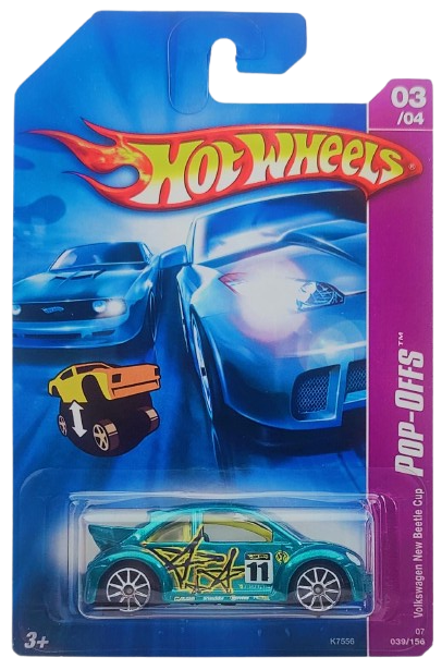 Hot Wheels 2007 - Collector # 039/180 - Pop-Offs 3/4 - Volkswagen New Beetle Cup - Metallic Teal / # 11 - Chrome 10 Spokes - USA Card