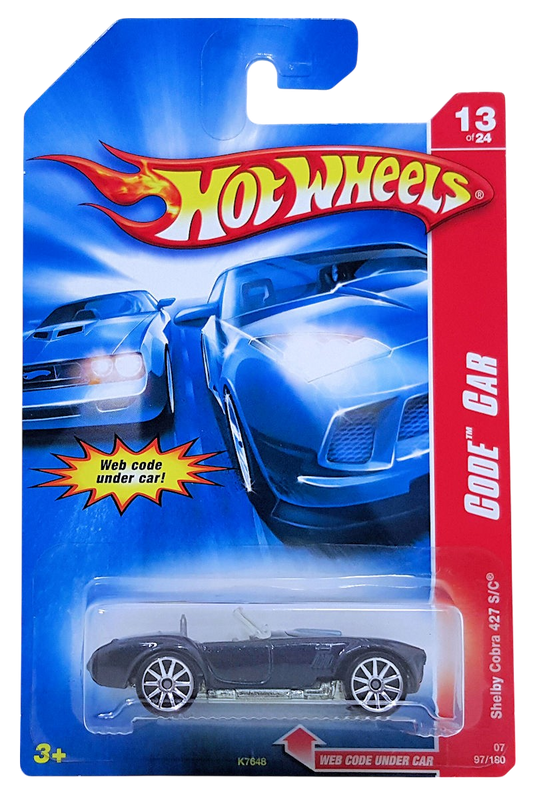 Hot Wheels 2007 - Collector # 097/180 - Code Car 13/24 - Shelby Cobra 427 S/C - Dark Blue - Metal Body & Base - 10 Spoke Wheels - Opening Hood - USA Card