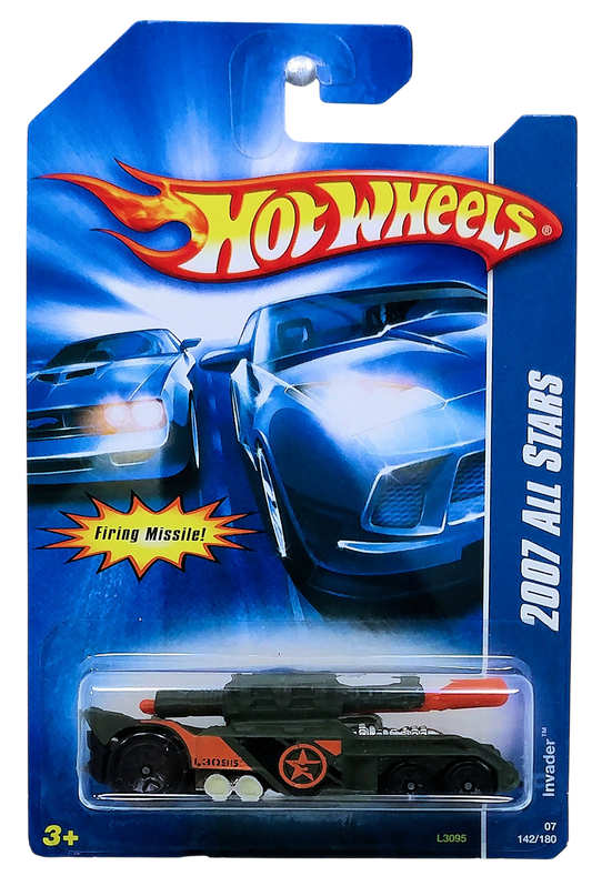 Hot Wheels 2007 - Collector # 142/180 - All Stars - Invader (Tank) - Matte Olive Green Camo Graphics / Orange Star - Black 5 Spoke (5SP) Wheels - USA Card