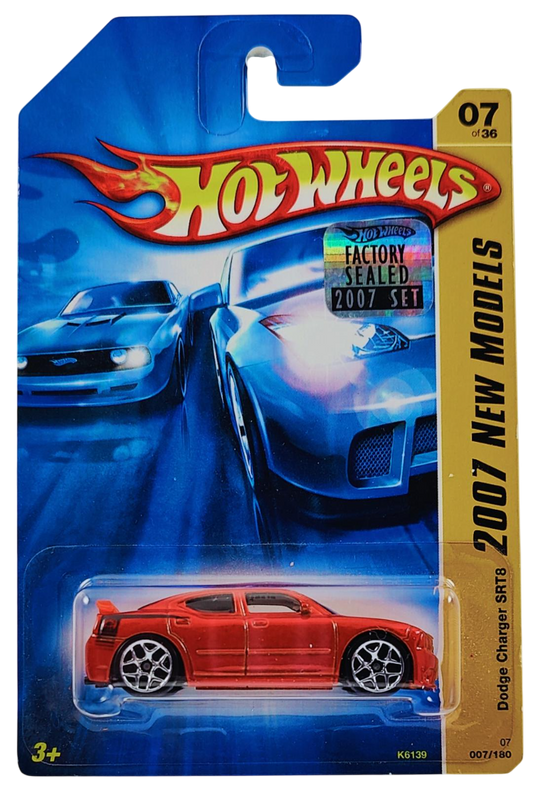 Hot Wheels 2007 - Collector # 007/180 - New Models 07/36 - Dodge Charger SRT8 - Metallic Orange - Orange Rear Wing - USA Card with Factory Set Sticker