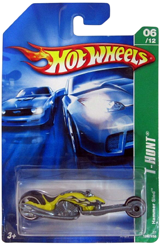 Hot Wheels 2007 - Collector # 126/156 - Treasure Hunts 6/12 - Hammer Sled (Custom Motorcycle) - Yellow / Flames - International Card