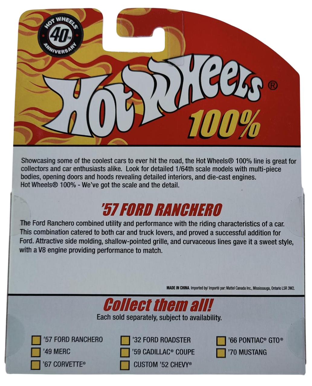 Hot Wheels 2008 - 100% Collectible / 40th Anniversary - '57 Ford Ranchero - Metallic Orange - Rubber Tires - Opening Hood - Extreme Detail - Acrylic Display Box