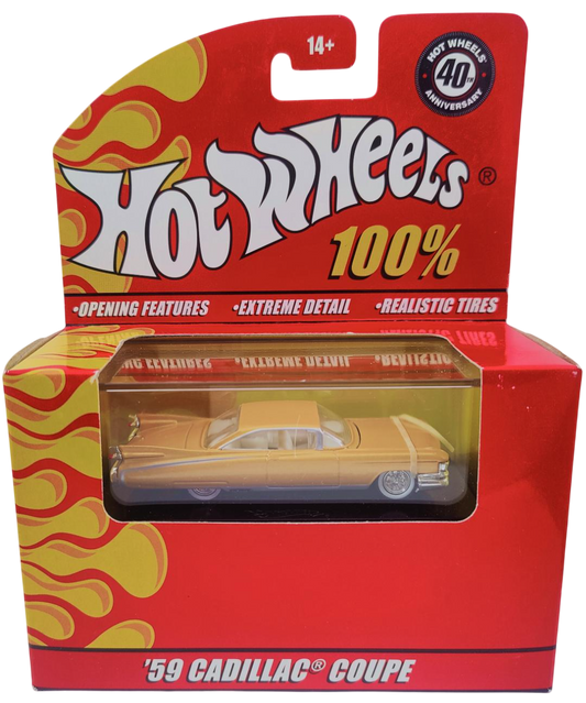 Hot Wheels 2008 - 100% Collectible / 40th Anniversary - '59 Cadillac Coupe - Gold - Rubber Tires - Opening Hood - Extreme Detail - Acrylic Display Box