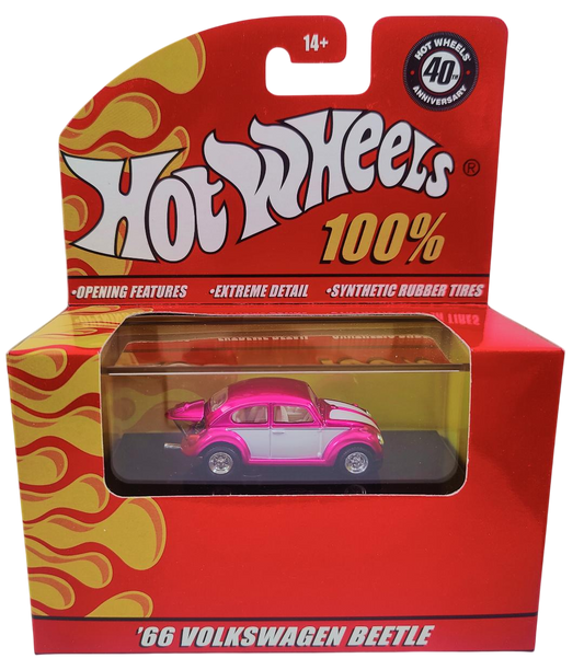 Hot Wheels 2008 - 100% Collectible / 40th Anniversary - '66 Volkswagen Beetle - Pink & White - Rubber Tires - Opening Engine Cover - Extreme Detail - Acrylic Display Box