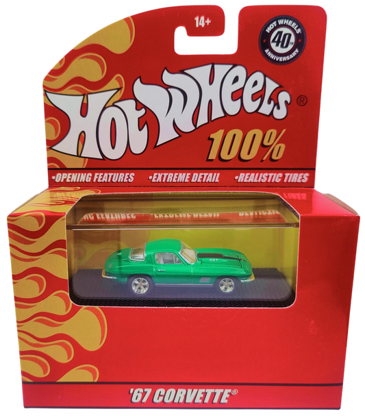 Hot Wheels 2008 - 100% Collectible / 40th Anniversary - '67 Corvette - Green - Rubber Tires - Opening Hood - Extreme Detail - Acrylic Display Box