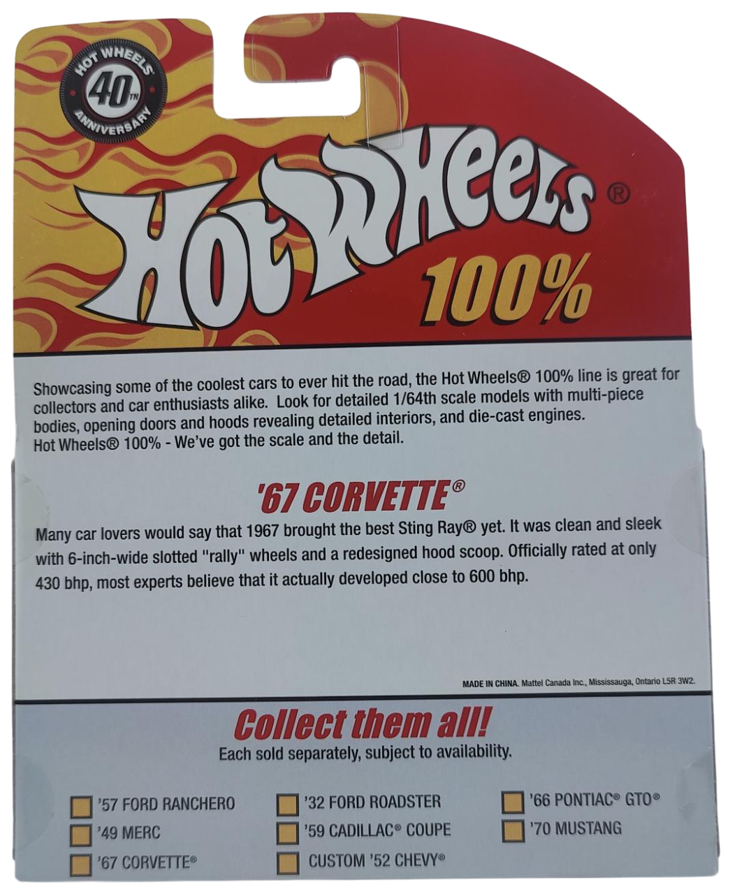 Hot Wheels 2008 - 100% Collectible / 40th Anniversary - '67 Corvette - Green - Rubber Tires - Opening Hood - Extreme Detail - Acrylic Display Box