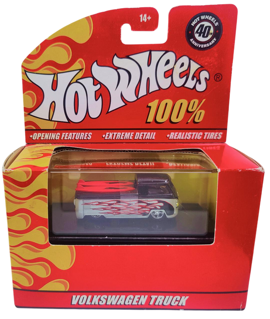 Hot Wheels 2008 - 100% Collectible / 40th Anniversary - Volkswagen Truck - Black over White / Flames - Rubber Tires - Surf Boards - Extreme Detail - Acrylic Display Box