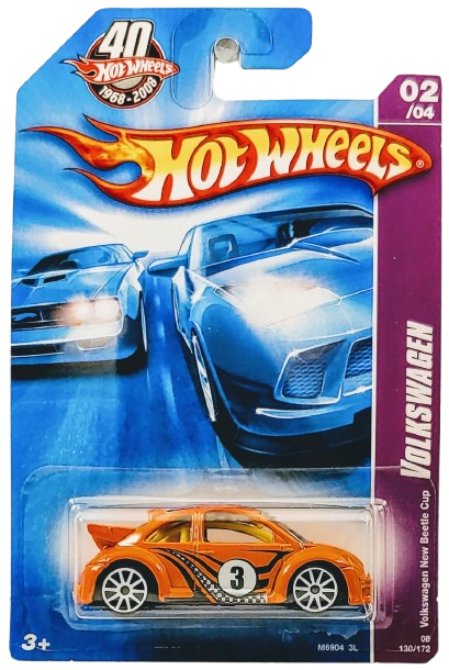 Hot Wheels 2008 - Collector # 130/172 - Volkswagen 2/4 - Volkswagen New Beetle Cup - Orange / # 3 - White 10 Spokes - International 40th Card