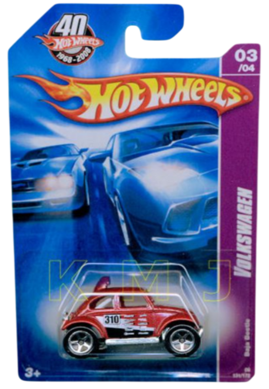 Hot Wheels 2008 - Collector # 131/172 - Volkswagen 3/4 - Baja Beetle - Dark Red Metalflake / #310 / Various Racing Decals - 5 Spokes - International 40th Card