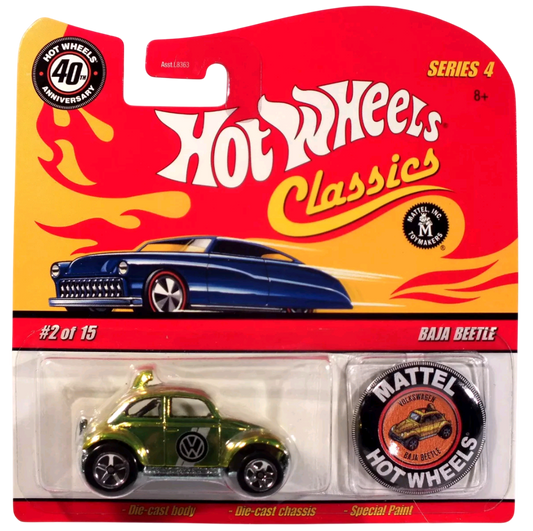 Hot Wheels 2008 - Classics Series 4 # 02/15 - Baja Beetle - Spectraflame Anti-Freeze / VW Logo - Metal/Metal - 5 Spokes Wheels - 40th Anniversary Retro Card