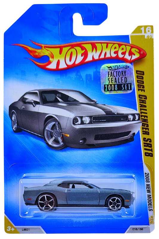Hot Wheels 2008 - Collector # 016/196 - New Models 16/40 - Dodge Challenger SRT8 - Dark Gray Metallic / Black Stripes on Hood - KMart Exclusive - USA '09 Card with Factory Set Sticker