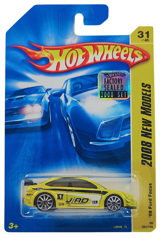Hot Wheels 2008 - Collector # 031/196 - New Models 31/40 - '08 Ford Focus - Yellow / #1 / 'J/RD' / White & Black Graphics - 10 Spoke (10SP) Wheels - USA Card with Factory Set Sticker
